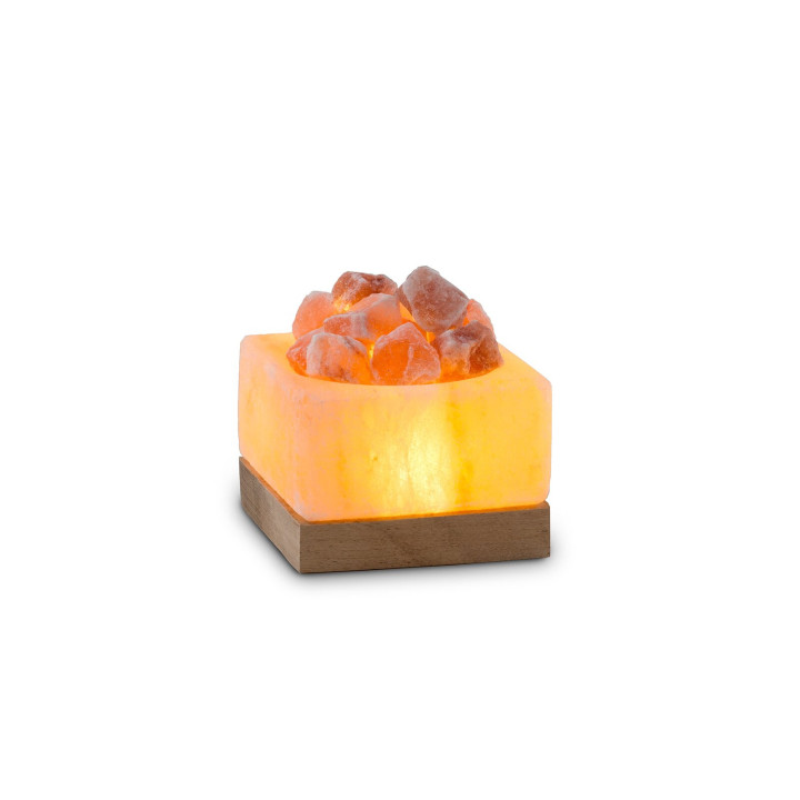 USB Salzschale PETITE KUBUS 8 cm – LED Deko mit Holzsockel